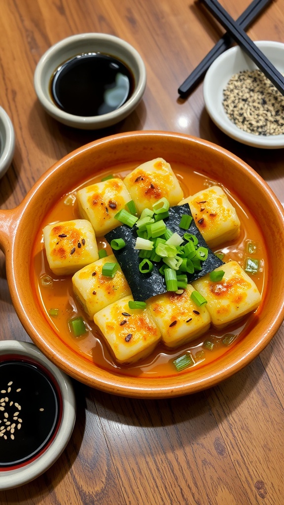 Baked sushi dish with crab, rice, and toppings in a ceramic dish, garnished with green onions and nori.